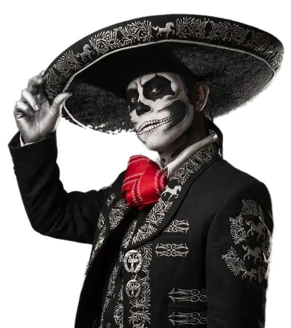 El Patron's charro in calavera face paint, tipping an embroidered sombrero